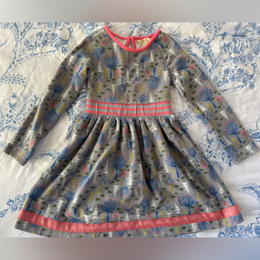 Matilda Jane sweatshirt dress, Gray with blue Pink trees, size 6